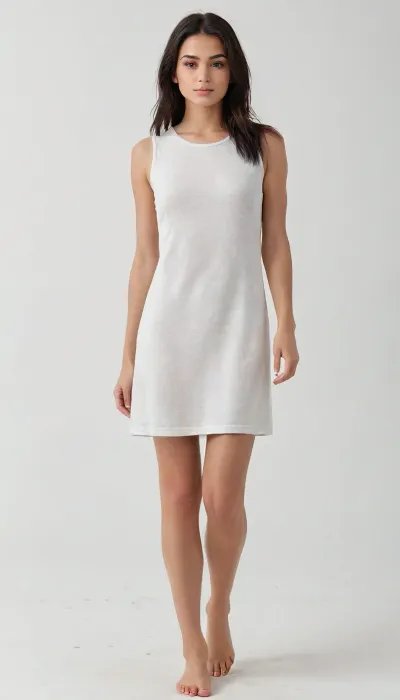 Young woman, black long straight haire, plump, thick shoulders, thick arms, Roundness of shapes, small breasts, barefoot, Below average height full body shot, centered in the frame, facing forward, photorealistic style, studio shot, simple white background, soft lighting, natural light, high detail, 8k resolution, smooth skin, digital painting., relaxed, mini, dress, <lora:BT_Relaxed_Mini_Dress_XL:.8>