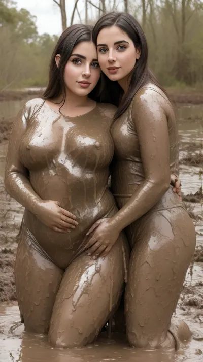 0308 there is a young cute woman and young obese woman hugging each other in a swamp, casal feliz, imagem de perfil, Lovely couple, momma and papa, Foto do perfil, retrato de casais, muito definido, retrato de casal, imagem de boa qualidade, real live couples. mud filed, they completely covered with mud, mud, <lora:dirty_mud_v0.4:1.1>
