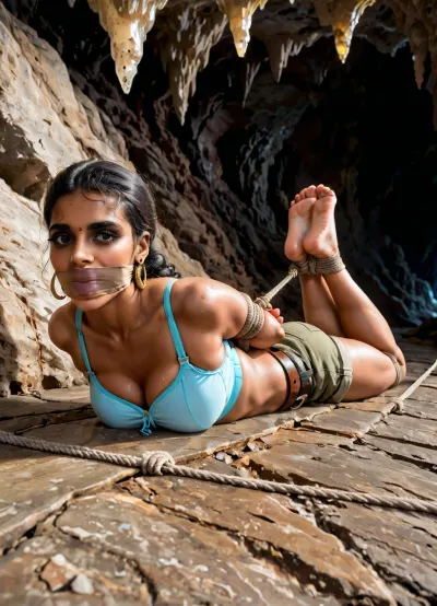 (Sexy dusky Indian archaeologist babe lying prone on stomach, wrists and ankles tied in hogtied BDSM position in a cave:1.6), late 20s, toned body, messy shoulder-length wavy black hair, large frightened eyes behind slightly askew glasses, light sheen of sweat on smooth dusky skin, wearing dusty unbuttoned khaki shirt with visible sports bra beneath, cargo shorts riding up revealing strong thighs, leather belt, hiking boots, hogtied with thick coarse ropes, arms behind back, ankles bent toward wrists, lying on her side on cold stone floor of a dim cave chamber, ancient wall carvings behind her, torchlight flickering over her curves, one bra strap slipped off shoulder, shorts partially unzipped, lips parted in anxious breath, air thick with mystery and helplessness, rope, black, tape, gag, bondage, <lora:add-detail-xl:.9>, <lora:Super_Eye_Detailer_By_Stable_Yogi_SDPD0:.9>, <lora:shibari_bondage_-_v0.9.1.2-000010:.9>, <lora:bdsm_SDXL_1_:.9>
