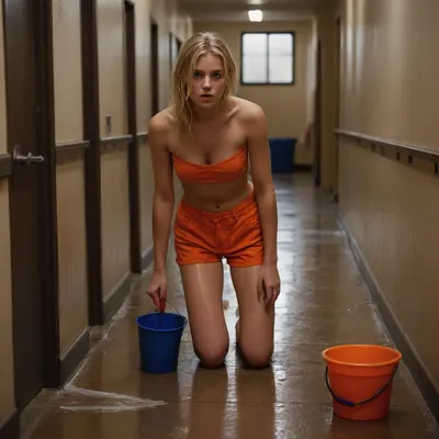 A young blonde barefoot, (feet are to be seen), topless woman on her knees in orange shorts has to wipe the wet prison corridor With a bucket and mop