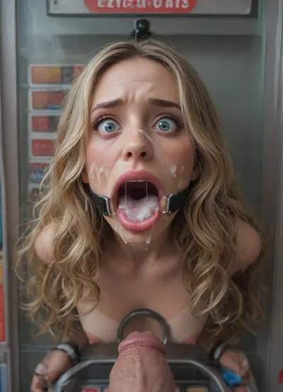 (40 years adult), (woman is stuck with her hips in a round hole with metal rim in a vending machine), (her bust is protruding from a round hole in the front of the vending machine:1.5), (stuck in hole with metal rim:1.3), (vending machine at night, slot for payment), (wide mouth spreader ring gag, gaping mouth:1.5), (leaning forward), (embarrassed, ashamed), (pleading expression:1.2), (terrified:1.6), (crying), (fear and panic:1.2), (box is low mounted, close to floor), (score_9, score_8_up, score_7_up, UHD 8K, masterpiece, best quality, maximum details, natural light, extreme realism, cinematic still), (huge penis:1.4), (she stares at erect penis in front of her face:1.3), (POV from above, she is looking up to viewer, submissive), (POV man standing and looking down, man stroking his big dick:1.1), (arms restrained to wall), (her arms left and right flat against the wall, multiple iron rings fixing her stretched arms against the wall:1.5), (POV standing man, looking down on her:1.2), (mouth wide open), (dirty blonde Swedish woman, freckles, tanned), (tan lines), (iron rings restrain her arms to vending machine), (her arms are spread eagle against vending machine:1.8), (arms restrained with iron rings:1.8), (free-standing vending machine), (her face is covered in cum:1.6), (cum in er mouth:1.1), (bukkake, facial:1.3), (freckles, skin impurities), (transparent liquid:1.2), (realistic cum), (wet face:1.2), (oily skin:1.5), (stuck with hips in a round hole with metal rim:1.6), (long blonde hair, elegantly styled hair, long wavy hair:1.5), (eyes wide open in horror:1.3), (her mouth serves only one purpose), (she's got a new job, she's a public cum dumpster), (pink glossy lips:1.3), (shocking pink lips, pink lipstick:1.5), (eerie lighting:1.3), (smeared lipstick:1.3), (shocking pink bandana)