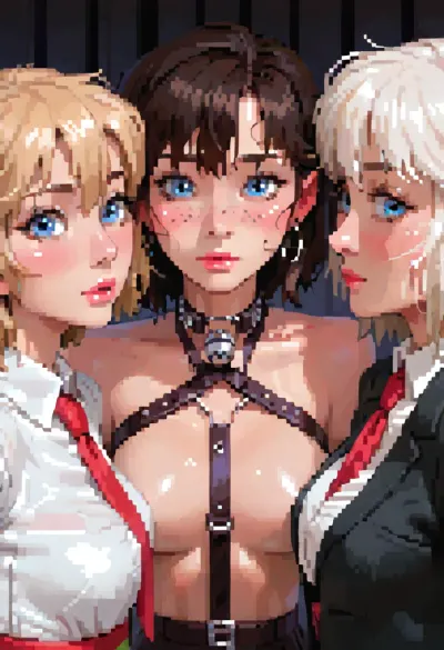 18 year old girls, realistic faces, beautiful faces, highly detailed, extremely detailed skin, freckles, image taken from above, amateur, two girls, one girl is 6 inches taller than other girl, girls surprised, girls caught having sex, holding hands, (babysitter:1.3), (girl's hand down other girl's panties:1), girl holding other girl's leash, one girl looking at viewer, one girl eyes rolling, big perky breasts, breasts touching, shibari, rope, tape, bondage, (backs of calves:1), leashes around neck, goth, alternative, emo, gamer girl, armpits, submissive, big eyes, cum dripping down face onto tits, girls are less than 4' tall, petite, tiny, size 00 waist, slim thick, sexy thick legs, perfect ass, round ass, short blonde hair, loemba, blueche, (with, blushing, cheeks:1), covche, covering, her, cheek, with, right, hand, covmou, mouth, looking, embarrassed, a, woman, in, linger, and, stockings, wrapped, straps, harnesses, garters, kaki, body, suit, harness, risque, fashion, bbhollyy, sh!fty, 1girl, black, hair, long, large, breasts, glasses, brown, eyes, lips, bell, bellapoarch, (incase style), pixel, art, <lora:ratatatat74-000050:1.3>, <lora:outline_xl_kohaku_delta_spv5x:1.8>, <lora:cartoon_stickers_xl_v1:.6>, <lora:NEOTOKIOXL_0.2_RC:.4>, <lora:pixel_stormXL:.3>
