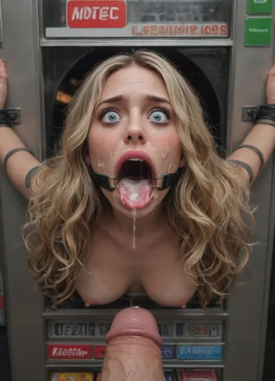 (40 years adult), (woman is stuck with her hips in a round hole with metal rim in a vending machine), (her bust is protruding from a round hole in the front of the vending machine:1.5), (stuck in hole with metal rim:1.3), (vending machine at night, slot for payment), (wide mouth spreader ring gag, gaping mouth:1.5), (leaning forward), (embarrassed, ashamed), (pleading expression:1.2), (terrified:1.6), (crying), (fear and panic:1.2), (box is low mounted, close to floor), (score_9, score_8_up, score_7_up, UHD 8K, masterpiece, best quality, maximum details, natural light, extreme realism, cinematic still), (huge penis:1.4), (she stares at erect penis in front of her face:1.3), (POV from above, she is looking up to viewer, submissive), (POV man standing and looking down, man stroking his big dick:1.1), (arms restrained to wall), (her arms left and right flat against the wall, multiple iron rings fixing her stretched arms against the wall:1.5), (POV standing man, looking down on her:1.2), (mouth wide open), (dirty blonde Swedish woman, freckles, tanned), (tan lines), (iron rings restrain her arms to vending machine), (her arms are spread eagle against vending machine:1.8), (arms restrained with iron rings:1.8), (free-standing vending machine), (her face is covered in cum:1.6), (cum in er mouth:1.1), (bukkake, facial:1.3), (freckles, skin impurities), (transparent liquid:1.2), (realistic cum), (wet face:1.2), (oily skin:1.5), (stuck with hips in a round hole with metal rim:1.6), (long blonde hair, elegantly styled hair, long wavy hair:1.5), (eyes wide open in horror:1.3), (her mouth serves only one purpose), (she's got a new job, she's a public cum dumpster), (pink glossy lips:1.3), (shocking pink lips, pink lipstick:1.5), (eerie lighting:1.3), (smeared lipstick:1.3), (shocking pink bandana)