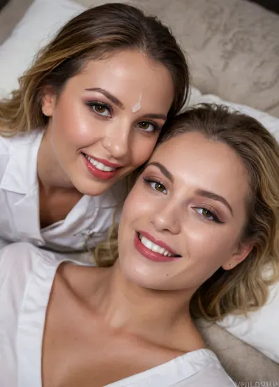 2girls, 2 women making out, both women are smiling brightly italian woman with dark deeply tanned skin and a warm expression with thick white cum on her face, golden eyes, (bold winged eyeliner), elegant ombre hair, laying on her side, (indirect lighting), eye contact, 8k, mouth open, very dark lipstick, facial, white cum on face, covered in thick white cum, Lacey slutty nurse uniform, <lora:Facials:.2>
