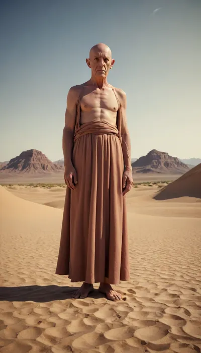 Show me, <lora:Fantasy_Races_XL:1.5>, Aiwass, the one that informed Aleister Crowley, in the desert. What is his true form, full body view.