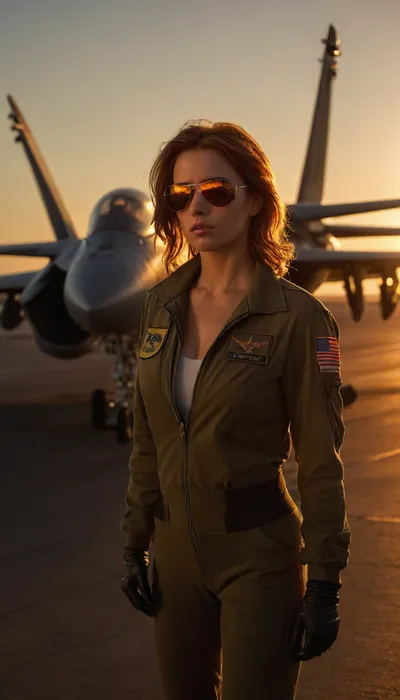 porn, explicit, nudity, sexual, perfect skin, posing, NSWf, sunset flight deck of USS Nimitz, female F-14 Tomcat pilot standing by her aircraft, ACTION, fully unzipped flight suit to pubis, huge breasts, (thick pubic hair, tan lines), adjusting aviator sunglasses with gloved hand, deck crew rushing behind her with tow tractors sweat on tanned skin, squadron patch, ("Black Widow"), on shoulder, steam from catapult obscuring distant aircraft, deck markings glowing in golden hour light, F-14 Tomcat with canopy open, weathered paint with oil streaks, yellow-shirted director signaling, jet blast deflector rising, backlit by setting sun, (dramatic silhouettes), orange deck lights activating, steam backlighting creating halos Tony Scott's Top Gun style, cinematic motion blur, 35mm film grain, (Kodak Vision3 500T color palette)