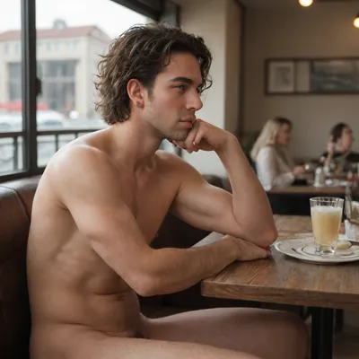 man and woman naked sitting in restaurant