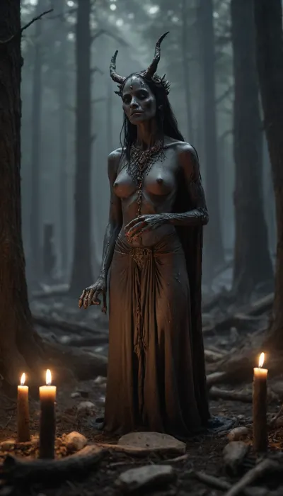 Ash-golem priestess performing funeral rite for larval bloom. Charcoal skin cracking, ember-tears igniting incense fungi. Bone totems covered in mucous, bioluminescent runes floating in humid air