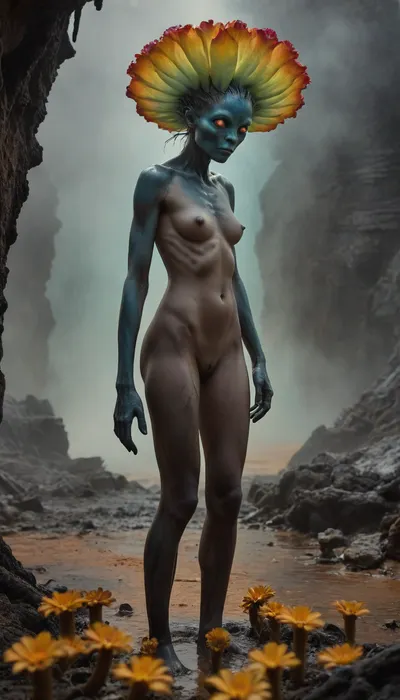 Rating_explicit, nudity, NSFW, Gem-based alien in obsidian exoskeleton, bent over dying prismatic flower whose roots pierce her palm. Petrified sulfur forest with geyser-fog, geothermal horror