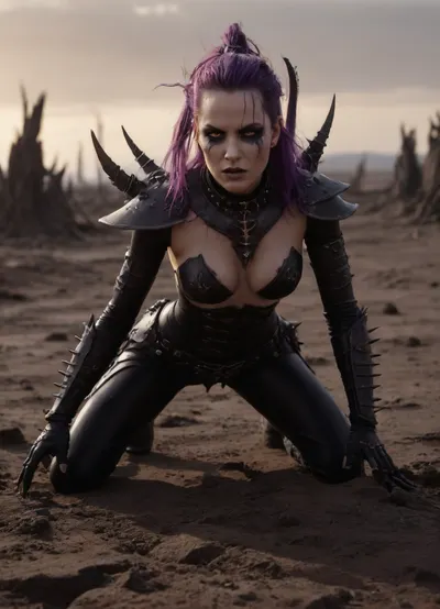 Rating_explicit, nudity, NSFW, Masterpiece, beautiful dark eldar woman in sadistic BDSM armor, razor-sharp obsidian spikes, corset with spinal electrodes, segmented thigh-high boots, nude body, exposed breasts, barbed collar piercing her neck, (she is crawling in desolate wasteland:1.4), (touching rotten black flowers), warp corruption, purple warp-fire everywhere, highlighting her tear-streaked face, cinematic lightning, 8K resolution, detailed face, lineart, drukhari, standart, <lora:Aeldari:.8>