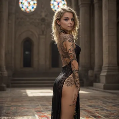 Beautiful swedish young girl, (20), skinny body, blonde white hair, perfect face, (freckles:1.6), perfectly detailed green eyes, (tanned), perfect breasts, very slim waist, (perfect ass:1.3), skinny, tattoos, (arm tattoos:1.5), (leg tattoos:1.5), (geometric tattoos:1.8), (Black lace dress), see through dress, black stockings, black lace gloves, stone Church, gothic architecture, gothic Church, silent smile, DSLR camera, best quality, best resolution, uhd, perfect composition of lights and shadows, dynamic, the brightest image, clear focus, high resolution, (extreme detail), (ultra realism), UHD, super high quality, super high resolution, extremely detailed