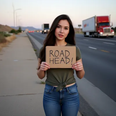 Exotic, Sultry, pouty, thick lips. Slim hourglass body. 19-year-old, cute. T-shirt, jeans, holding a sign with the text " ROAD HEAD!" early morning. on the side of the highway, a big truck on the side of the highway., <lora:Ariana_Grande_Flux:1.3>