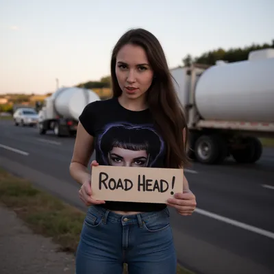 Exotic, Sultry, pouty, thick lips. Slim hourglass body. 19-year-old, cute. T-shirt, jeans, holding a sign with the text " ROAD HEAD!" early morning. on the side of the highway, a big truck on the side of the highway., ketikasflux, <lora:ketikasflux_lora.TA_trained (1):1.8>
