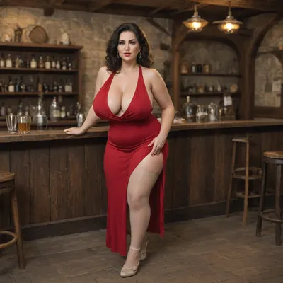<lora:220437_training_data:1.3>, MILF, curvy body with a belly, perfect anatomy, long black hair, bright makeup, huge breasts, short red dress, beige stockings, shoes, no panties, tavern