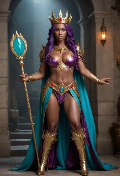 Yara, (elf Queen), (fantasy), ((large bust)), ((large breasts)), powerful, (long purple hair), (golden crown with red gemstones), (dark brown skin), (gold ornamentation), gold belt, gold and red detailing on costume, (long muscular legs), (holding an ornate golden staff with a glowing turquoise gem at its top), light shining around gem, the staff has a decorative gold vine, stone dungeon background, dramatic lighting, confident and regal expression, (exaggerated features), sense of grandeur and power