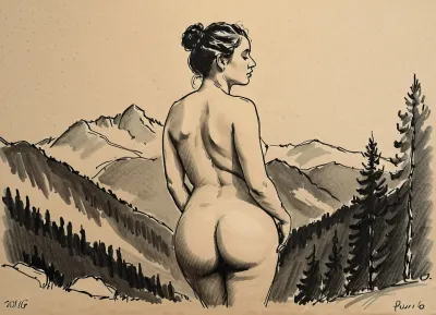 score_9, score_8_up, score_7_up, A detailed black and white pencil drawing with clean lines and meticulous shading, sketch of a nude woman with hair pulled into a bun on top of her head, she taking a shower outdoors, view of the mountains and forest, soft features, and a serene expression. She is lathering soap on her breasts with both hands, her trimmed, hairy pussy in full view. The drawing should have delicate shading and intricate details, capturing the essence of the subject with fine pencil strokes, background is be simple, allowing the focus to remain on the portrait itself, drawing, by, NTY, v0ng44g, sk3tch, .8>, sexy, 34d tits, saggy tits, large dark areolas, thick waist, wide hips, big ass, fat thighs, hairy pussy, 4, puffy, nipples, dark, ghost, wide, woman, <lora:sketch_it:.1>, <lora:Nipples XL:.4>, <lora:finenude_v0_2a:.4>