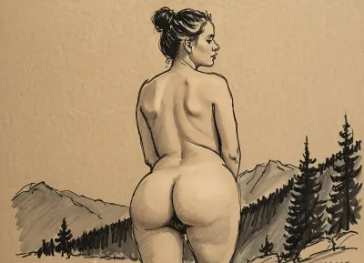 score_9, score_8_up, score_7_up, A detailed black and white pencil drawing with clean lines and meticulous shading, sketch of a nude woman with hair pulled into a bun on top of her head, she taking a shower outdoors, view of the mountains and forest, soft features, and a serene expression. She is lathering soap on her breasts with both hands, her trimmed, hairy pussy in full view. The drawing should have delicate shading and intricate details, capturing the essence of the subject with fine pencil strokes, background is be simple, allowing the focus to remain on the portrait itself, drawing, by, NTY, v0ng44g, sk3tch, .8>, sexy, 34d tits, saggy tits, large dark areolas, thick waist, wide hips, big ass, fat thighs, hairy pussy, 4, puffy, nipples, dark, ghost, wide, woman, <lora:sketch_it:1>, <lora:Nipples XL:.2>, <lora:finenude_v0_2a:.8>
