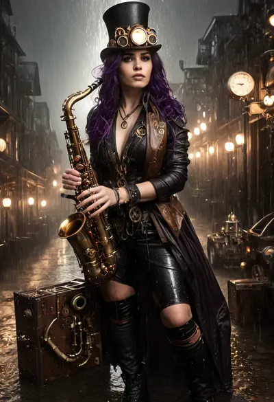 (eight fingers:1.8), (steampunk:1.8), woman dressed in bronze mechanical clothing and royal purple velvet cape. dark purple hair. She is sitting on a cardboard box in a rainy victorian alleyway., (saxophone:1.8), She is playing a saxophone made out of copper tubing gears switches and emerald buttons. Her sad song echoes through the alley as the rain shows the tears running down her face. It is nighttime and the streetlights act as a spotlight shining down on her like a stage., steampunknoireai, soakingwetclothes, (wet hair:1.3), (wet skin:1.3), huge rain drops are visible falling, g3ars, made, out, of, gears, <lora:SteamPunkNoireAIp:1.5>, <lora:dark:1.1>, <lora:soakingwetclothesXL:1.3>, <lora:750873_training_data:1.8>, <lora:Gears_World_Morph:1.5>