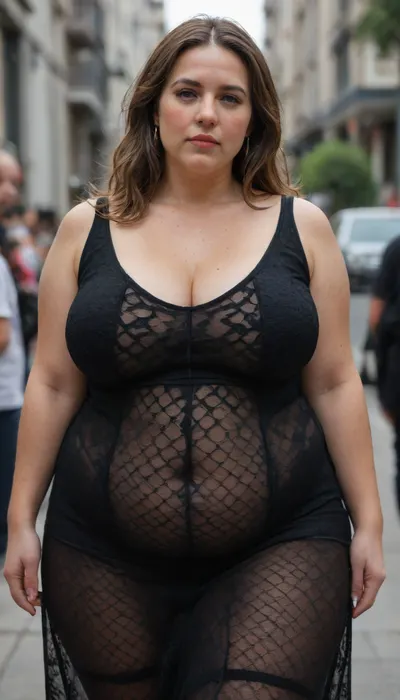 Raw pictures, shy modest tired curvy mature woman 68yo 70kg, walking, (thick body:1.4), (completely transparent black bodycon dress made of mesh:1.4), narrow waist, hands behind the back, saggy boobs, dark light, disheveled hair, straight light brown hair, long hair, natural skin, visible pores, freckles, slight acne scars, redness around the nose, and uneven skin texture, high quality, Best quality, realistic, (person in the frame but poorly centered, partially cropped out:1.1), off-frame composition, head cut off, awkward camera angle, unbalanced shot, (Very curvy BBW mature womans), sBbw+PAWG, (obese:1.3), <lora:add-detail-xl:.8>, <lora:gyakutaiojisan_bed_AB_XL:.8>