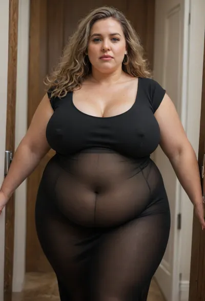 Raw pictures, shy modest tired curvy mature woman 68yo 70kg, walking, bedroom doorway, (thick body:1.4), (completely transparent black bodycon dress:1.4), narrow waist, hands behind the back, saggy boobs, disheveled hair, straight light brown hair, long hair, natural skin, visible pores, freckles, slight acne scars, redness around the nose, and uneven skin texture, high quality, Best quality, realistic, (person in the frame but poorly centered, partially cropped out:1.1), off-frame composition, head cut off, awkward camera angle, unbalanced shot, (Very curvy BBW mature womans), sBbw+PAWG, (obese:1.3), <lora:add-detail-xl:.8>, <lora:gyakutaiojisan_bed_AB_XL:.8>