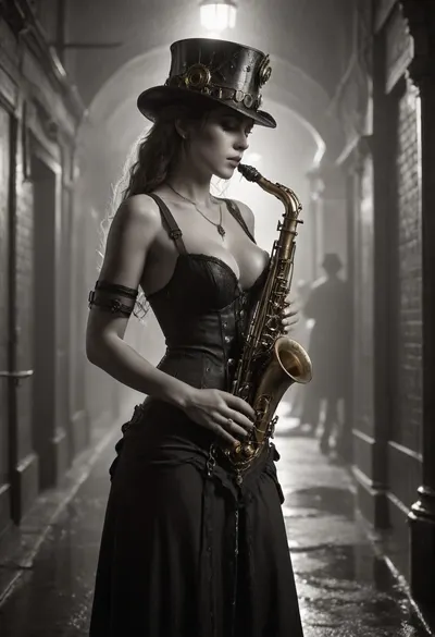 heavy rain droplets bright traces in backlit, dramatic black and white shot, water dripping on nude breasts of busty saxophone player, she wearing old-fashioned hat and corset with excessive cleavage, focus on detailed steampunk saxophone, captured mid-performance, arced back, she stands under a sharp spotlight, creating deep shadows and strong highlights, noir steampunk aesthetic, steampunk street on background, (Victorian London crowded alley, many people on background), (steam rising from sewers grates), countless copper pipes snake along building walls, giant cogwork assemblies, massive hydraulic pistons pulse rhythmically, hvrn, heavy, rain, mad-mecharm, <lora:607315_training_data:1.4>, <lora:Gearbound_Mechanical_Arm_SDXL:.8>, <lora:detailed_notrigger:.8>, <lora:599127_training_data:.8>