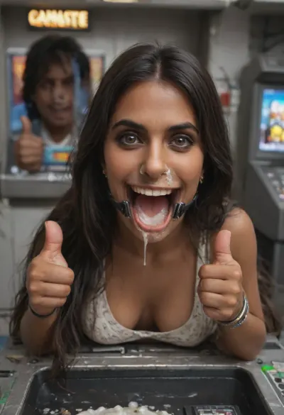 (Indian woman with straight semi-long hair and pointy nose:1.8), (narrow face:1.1), (dark black hair:1.1), (slim nose:1.5), (heavy makeup:.8), (Indian woman is stuck with her hips in a round hole with metal rim in an arcade machine on a busy street, wearing a mouth spreader), (she shows thumbs up:1.3), (natural brown eyes), (brown skin), (stuck in round hole with metal rim:1.1), (wide metal box), (arms restrained in contraption:1.6), (wide angle, full machine in picture:1.1), (bustling street, passersby:1.3), (wide smile, obsessive:1.5), (her arms are fixated in machine:1.5), (score_9, score_8_up, score_7_up, UHD 8K, masterpiece, best quality, maximum details:1.2), natural light, extreme realism, cinematic still, (very happy:1.3), (wide mouth spreader ring gag, gaping mouth:1.5), (her hands are protruding from holes:1.3), (stuck in hole with metal rim), (leaning forward), (huge penis), (she stares at erect penis in front of her face:1.3), (cum on her face, bukkake:1.3)