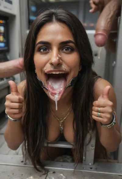 (Indian woman with straight semi-long hair and pointy nose:1.8), (narrow face:1.1), (dark black hair:1.1), (hooked nose:1.5), (heavy makeup:.8), (Indian woman is stuck with her hips in a round hole with metal rim in an arcade machine on a busy street, wearing a mouth spreader), (she shows thumbs up:1.3), (natural brown eyes), (brown skin), (stuck in round hole with metal rim:1.1), (wide metal box), (arms restrained in contraption:1.6), (wide angle, full machine in picture:1.1), (bustling street, passersby:1.3), (wide smile, obsessive:1.5), (her arms are fixated in machine:1.5), (score_9, score_8_up, score_7_up, UHD 8K, masterpiece, best quality, maximum details:1.2), natural light, extreme realism, cinematic still, (very happy:1.3), (wide mouth spreader ring gag, gaping mouth:1.5), (her hands are protruding from holes:1.3), (stuck in hole with metal rim), (leaning forward), (huge penis), (she stares at erect penis in front of her face:1.3), (cum on her face, bukkake:1.3)