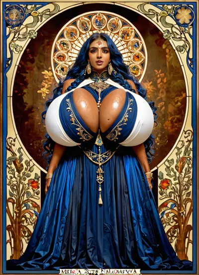 (Art Nouveau illustration:1.1), (huge breasts:1.8), (mega busty:1.5), (fucked from behind by giant cocks), (Indian:1.1), (gigantic engorged tits:1.2), (South Asian:1), ((olive Indian skin with high detail)), ((impossibly large breasts)), (very detailed navy blue hair), (realistic), (very very large boobs), (massively busty:.7), (desi:.7), (Art Nouveau full body illustration of a Punjabi Indian woman with olive skin, very detailed navy blue hair, and impossibly large breasts, styled in the art of Alphonse Mucha, highly detailed.)