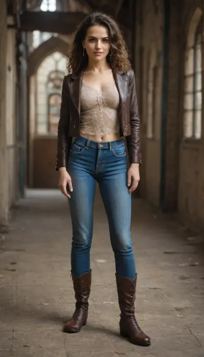 Prof real 4k photo, charming girl, beautiful cutie dressed in tight skinny jeans, dark brown leather jacket, elastic hips, plump lips, sweet smile, mysterious intelligent look, expressive realistic brown eyes, filigree execution, long tousled hair, slender legs, boots, full height, steampunk style and the world, hyperdetalization. Steampunk.