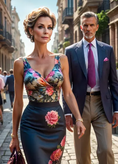 ((athletic female milf, (55 years old), torpedo breasts, tall, tanned, very skinny, dressed in the sexy english old money style, skirt, updo hair, colorful escada summer dress style, elegant gal)), ((young male love interest of the woman besides her)), Midjourney, MJ, style, poster, manga, sunlight_str1, <lora:Midjourney_style:1>, <lora:sunlight_str1-SDXL_v1-dim64-steps1691:1>
