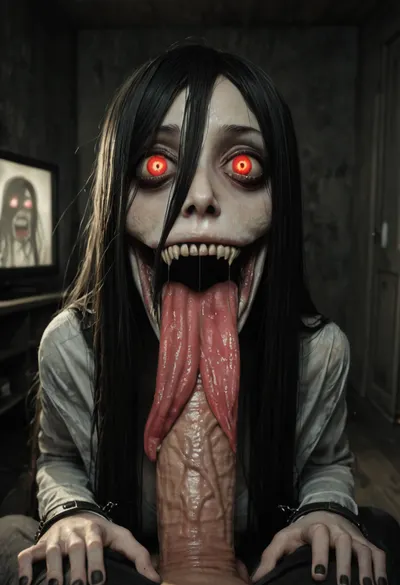 score_9, score_8_up, score_7_up, score_6_up, (animated, 2d, anime style), (((Sadako Yamamura))), 1girl, solo, long hair, black hair, very long hair, (mess hair), naked breast, torn clothes, impossible clothes, hair over eyes, torn dress, grey skin, impossible dress, yamamura sadako, hair over one eye, (((yandere, psychosis, possession, dangerous, crazy, psycho))), blush, (heavy breathing), steam, (bags under eyes), night, television, sweat, head tilt, angry smile, (wavy mouth), cleavage, (massive veiny breasts, saggy), ((full body)), (night, dark room), (red glowing eyes), (((on all four, crawl out tv))), glitches, lean forward, ((gothic style, dark theme, low light, cold colors, nightmare, horror)), pov, big cock, (horror mouth wide open:1.3), above cock, cock almost in mouth, excessive Saliva dripping, (very long horror tongue, bound around cock:1.4)