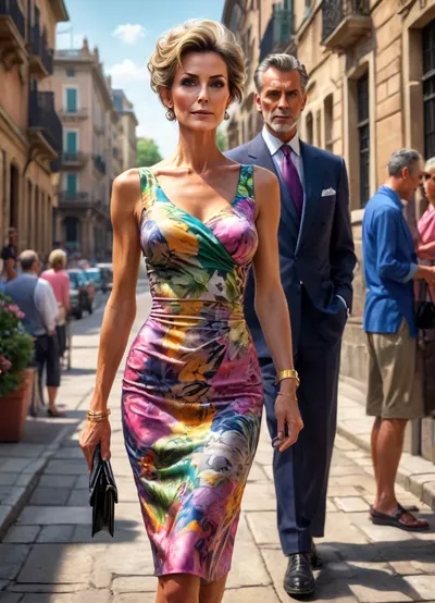 ((athletic female milf, (55 years old), torpedo breasts, tall, tanned, very skinny, dressed in the sexy english old money style, skirt, updo hair, colorful escada summer dress style, elegant gal)), ((young male love interest of the woman)), Midjourney, MJ, style, poster, manga, sunlight_str1, <lora:Midjourney_style:1>, <lora:sunlight_str1-SDXL_v1-dim64-steps1691:1>