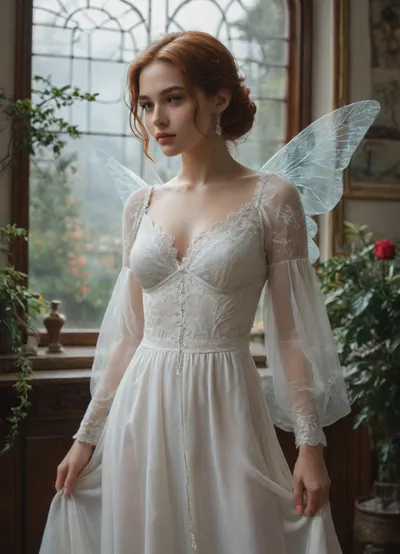 A super plus-size woman with long, flowing auburn hair, stands gracefully in a misty, moonlit garden filled with glowing fireflies. She wears a flowing gown made of shimmering silk, with intricate embroidery depicting scenes from mythology. The scene is bathed in soft, silvery light, creating a dreamy, ethereal atmosphere. This image is reminiscent of a pre-raphaelite painting, with a touch of art nouveau elegance, evoking the style of Waterhouse and Rossetti, with a focus on intricate details, vibrant colors, and a sense of romanticism., <lora:Chubby BBW - XL:.8>