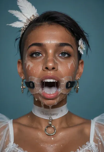 (portrait of a brown skinned Indian woman:1.1), (her mouth is wide open, wearing a mouth spreader ring gag, gaping throat:1.3), (haute couture small white feathery head accessory for derby:1.4), (sleek straight cut hair:1.2), (shoulder hair), (black hair), (straight hooked nose:1.3), plucked eyebrows, dark complexion, smile, (transparent liquid, wet face:1.3), (cum on her face, bukakke:1.3), white summer dress, cleavage, dark blue background, short sleeves, puffer sleeves, (flower print on dress), millinery, fascinator