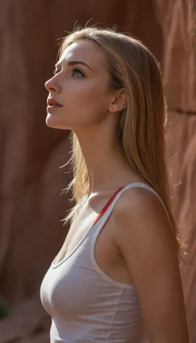 ziprealism, (intimate snapshot esthetic, dappled lighting, dynamic shadows, contrasting shadowplay), (tight tank top, shot in profile, view from side:1.6), (hiking in red rock slot canyon, peaceful stream, sheer red rock cliffs), (gorgeous woman), (f/2.8, shallow depth of field, focus on eyes, medium closeup), (soft bokeh, subtle bokeh), (ash-blonde hair, long hair, straight hair), (large expressive eyes, mischievous expression), (large teardrop breasts, athletic body)