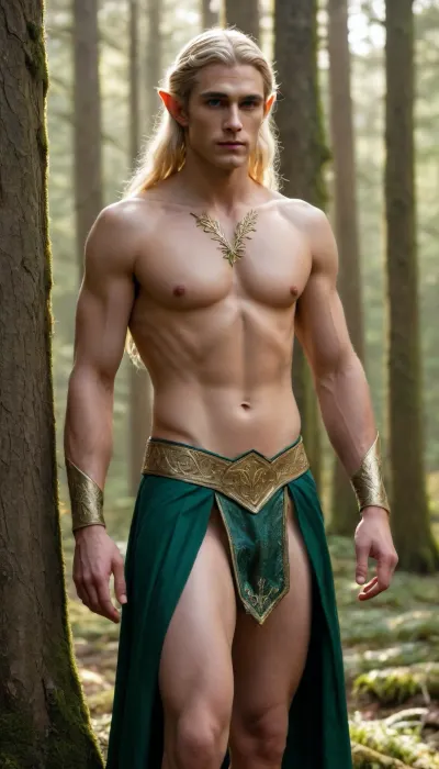 An impossibly beautiful male elf standing in a golden sun-dappled forest clearing, (tall and statuesque with long, perfectly proportioned legs, lean but powerfully defined muscles, smooth pale skin that catches the light, angular jawline, full lips, piercing emerald eyes that seem to hold centuries of secrets, long silver-blonde hair cascading in silky waves over his shoulders, sharply pointed ears peeking through), (bare, sculpted torso with flawless definition, deep v-lines leading to low-slung, form-fitting elven briefs of soft forest-green silk with gold embroidery that hug his hips, leaving almost nothing to the imagination), the air shimmering faintly with magic, ancient moss-covered trees and drifting pollen framing him, an aura of otherworldly allure so intense it could break the will of any mortal
