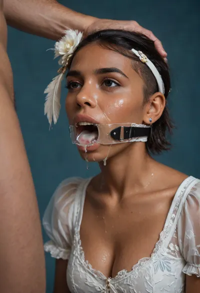 (brown skinned Indian woman:1.3), (her mouth is wide open, she is wearing a mouth spreader, ring gag, gaping throat:1.2), (haute couture small white feathery head accessory for derby:1.4), (sleek straight cut hair:1.2), (shoulder hair), (black hair), hooked nose, plucked eyebrows, dark complexion, smile, (transparent liquid, wet face:1.2), (cum on her face, bukakke:1.3), white summer dress, cleavage, dark blue background, short sleeves, puffer sleeves, (flower print on dress), millinery, fascinator