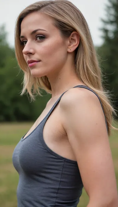 ziprealism, (intimate snapshot esthetic), (outdoors, tight tank top, shot in profile, view from side:1.6), (gorgeous woman), (f/2.8, shallow depth of field, focus on eyes, medium closeup), (soft bokeh, subtle bokeh), (ash-blonde hair, long hair, straight hair, center-part hairstyle), (large expressive eyes, mischievous grin)
