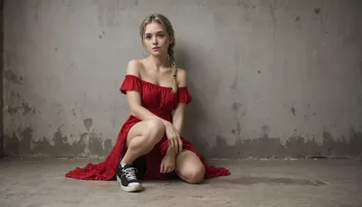 Young woman with very light blonde hair, styled in two braids. Pale skin tone, strikingly beautiful facial features. Red dress, partially slipped off, exposed shoulder, black sneakers, slightly dirty. Full body in frame!