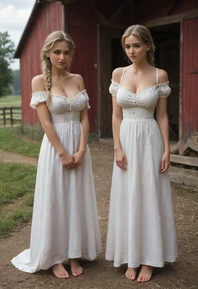 Medieval times, old farmhouse, two 18 yo poor farmer's girls, twins, (standing outside in front of farmhouse), ((very shy)), looking down, messy long braided blonde hair, dirty skin, perfect faces, innocent-looking, (skinny), ((giant firm breasts)), (poor white simple dresses), freckles, wind in their hair, cold, dresses a bit torn, off-shoulder, barefoot, large, breasts, big, boobs, huge, tits, <lora:bombshell_v2:.8>