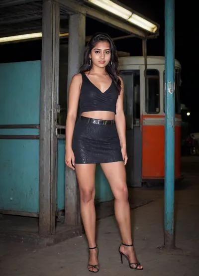 Young indian girl, in a old indian bus stop, night time, cute face, no makeup, wearing only belt, heels, posing like a dancer, highly detailed, high resolution, best quality, raw, lighting, overexposed, harsh, flash, <lora:Rawfully Stylish v0.2_epoch_20:.8>, <lora:SDXLHighDetail_v6-000005:.8>