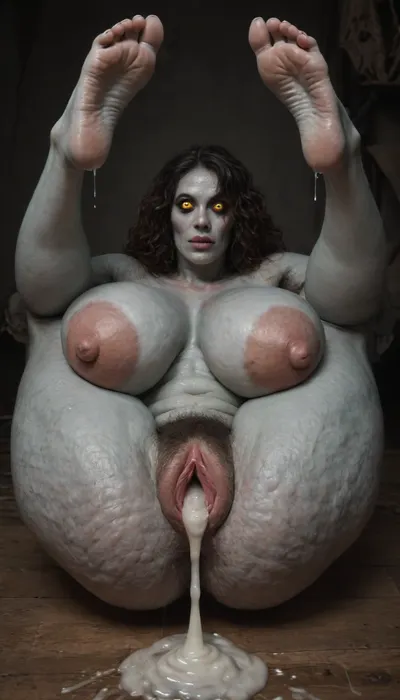 (monstrous woman:1.8), (hyper dripping cum pussy:1.6), (closed mouth:1.1), (high detailed:1.4), (super hairy pussy:1.4), (udder:1.4), (big areola:1.4), (hourglass cellulite body:1.2), (visible veins:1.2), legs raised up, very realistic detailed feet, perfect feet, five toes on each foot, high arch feet