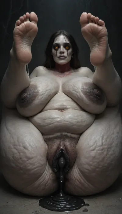 (monstrous woman:1.7), (hyper dripping black cum pussy:1.8), (closed mouth:1.1), (high detailed:1.5), (super hairy pussy:1.3), (udder:1.6), (congested breasts:1.2), (obese cellulite body:1.2), (visible veins on the breasts:1.4), legs raised up, very realistic detailed feet, perfect feet, five toes on each foot, high arch feet