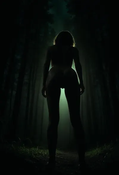 score_9_up, score_8_up, score_7_up, russian mature women, hourglass figure, landing strip, thigh gap, realistic body proportions, perfect anatomy, good hands with perfect fingers, super detailed skin texture, long legs, in the dark forest, walking into the mysterious green bright light, green light in front of her, clear silhouette against green light, random pose, view from behind, view from the ground, fish eye, very dark focused flash photo of found footage, <lora:sdxl_darkflash_v6-000060:.8>, <lora:dark:.8>