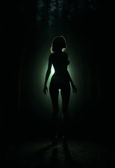 score_9_up, score_8_up, score_7_up, russian mature women, hourglass figure, landing strip, thigh gap, realistic body proportions, perfect anatomy, good hands with perfect fingers, super detailed skin texture, long legs, in the dark forest, walking into the mysterious green bright light, green light in front of her, clear silhouette against green light, random pose, side view, view from the ground, fish eye, very dark focused flash photo of found footage, <lora:sdxl_darkflash_v6-000060:.8>, <lora:dark:.8>