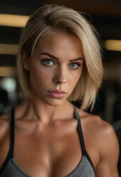 ziprealism, (inspirational snapshot esthetic, inspirational poster), (athletic woman, bodybuilder, determined expression, muscular shoulders, sports bra:1.2), (f/2.8, shallow depth of field, layered composition, medium closeup shot, Dutch Angles, focus on eyes:1.6), (creamy bokeh), (ash-blonde hair, thick voluminous hair, short cut hair, plunging bob cut, swept-back hairstyle:1.4), (catchlights, limbal rings, large expressive eyes, stunning eyes, perfect eyes, long delicate eyelashes), (strong jawline, angular features, large teardrop breasts), igbaddie, <lora:igbaddie-XL:.4>, <lora:style_lora_realis:.8>
