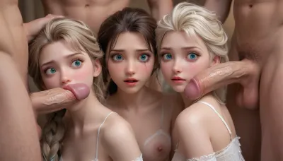 Elsa from Frozen, full body view, close up, long brown hair, hair up with hair accessory, white stockings, white lingerie, white garter belt, blue eyes, huge cock, seductive, anal, stretch anus, painful anal, gang bang, group anal rape, tight anal, scared face, naughty, excited, enthusiastic, wide eyes and surprised, ruined makeup, porn photoshoot, blushing, brown background