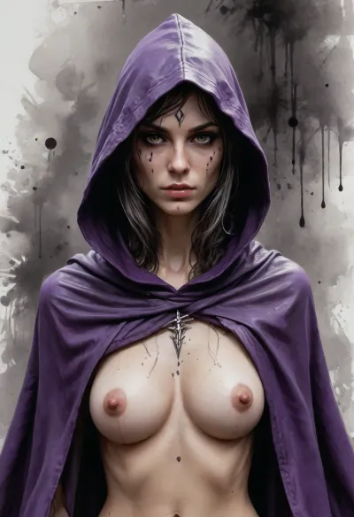 Dungeons&Dragons style, a druid femaleelf. Black diseased spots dot her hands. She wears a hooded cloak, bare chested and nude, busy bush, ink drawing wet on wet, alcohol, Abstract_modern_ink, Yoji Shinkawa, Luis Royo, purple and grey palette, Ink ink lines crosshatching