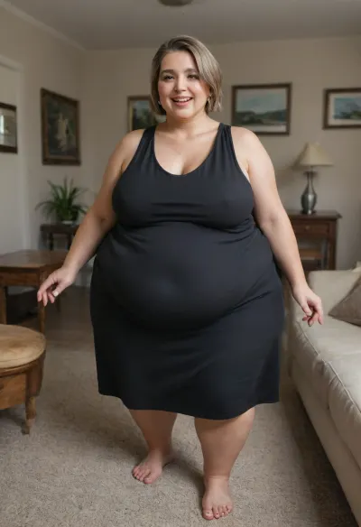 Lubica stepaunt, Mature fat bbw woman, (obese:1.5), 60 years old, married, Spanish, housewive, aunt, hot mom, milf, (light brown hair with highlights), ((detailed eyes)), saggy, hangers, (loose low-cut sleeveless black dress:1.4), living room, full body shot, depth of field, ((open mouth:1.2)), smiling, pretty teeth