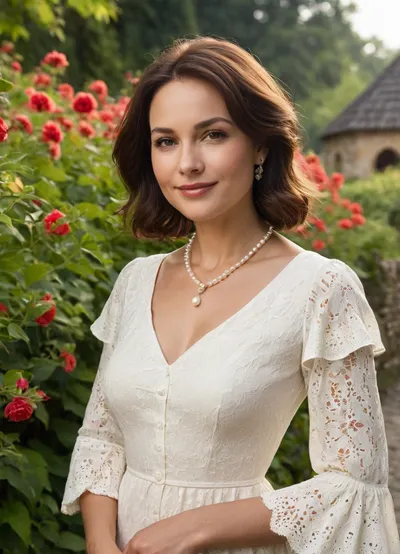 The image features a woman standing outdoors, likely on a sunny day. She is the primary subject, positioned slightly off-center to the left. She wears a white, eyelet-detailed dress with ruffled sleeves and a V-neck. A delicate pearl necklace adorns her neck, and a light-colored bracelet is on her left wrist.

The image features a beautiful very sexy 47yo woman. Cinematic. Body according to age with imperfections like Cellulite, Varicose veins etc. Oval face. Pale skin, no tan. Height 170cm. Breast size 80C. Smiling. Dark brunette hair, very thin hair, shoulder length hair, slightly wavy medium bob cut, hair parted on one side. very high forehead. thinning hair with little volume, hair combed back tucked behind ears. Slightly curvy body. Stocky legs. Nice round ass. Narrow waist, Sturdy thighs, little tummy, wide very female hips, Decent makeup. She likes to show skin. Small eyes. Thin eyebrows. Wrinkled eyes. Beautiful capturing woman. Smiling. She is very aware of her sexual charms and uses them to seduce others.

The woman is looking towards the camera with a slight smile. The background includes a cobbled stone path and a wooden fence. Behind the fence, there is greenery, including trees and possibly a building with a thatched roof. some red flowers are visible. The lighting suggests it is either early morning or late afternoon, with warm, golden sunlight illuminating the scene. The overall composition is balanced, with the woman's figure contrasted against the textured background, which provides depth and context. The color palette is dominated by the white of the dress, the warm tones of the sunlight, and the green of the foliage.